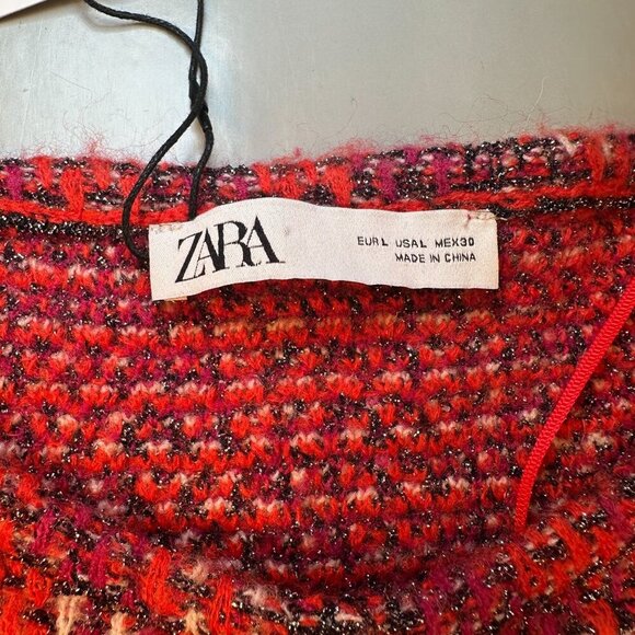 Zara Cropped Blouse Plaid Tweed Sweater Top Womens Knit Ruffled Sleeves Wool - Picture 4 of 16